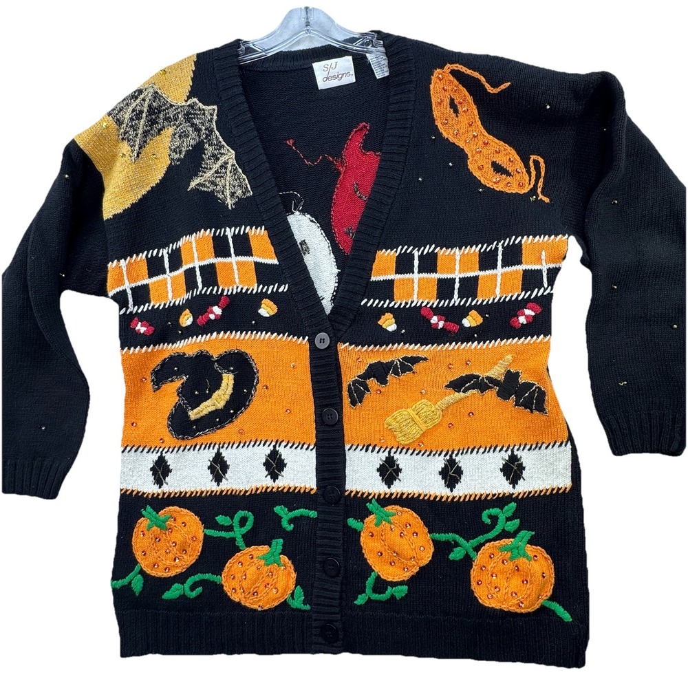 VTG SJ Designs Halloween Bats Pumpkin Witch‎ Candy Cardigan Sweater  L / XL